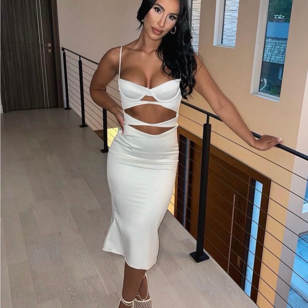 House of CB Amalia Cream Strapless Satin Cutout Midi Dress XL